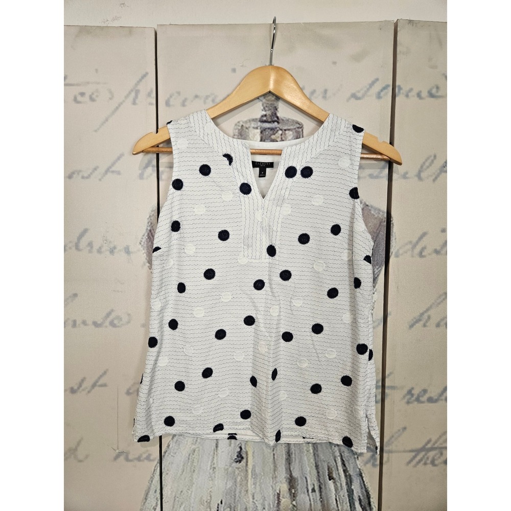 Talbots Sleeveless Blouse Petite P (XSP) White Navy Polka Dot Embroidered Cotton